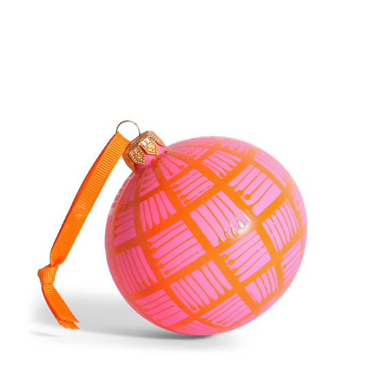 Lines Glass Christmas Bauble Orange on Pink, 8cm