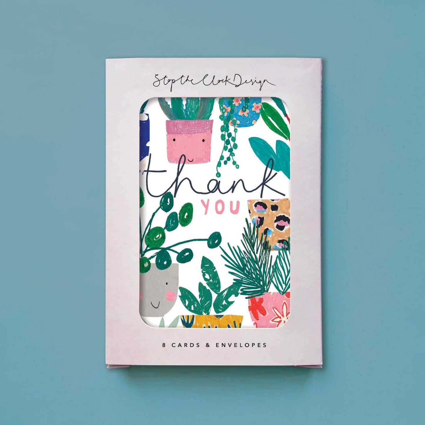 Pack of greeting cards with plant designs on a blue background