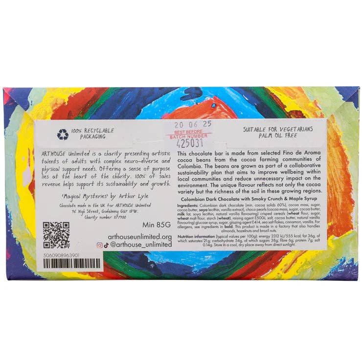 Back of a chocolate bar packaging with colorful design and text.