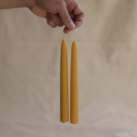Two yellow candles held by a hand against a beige background