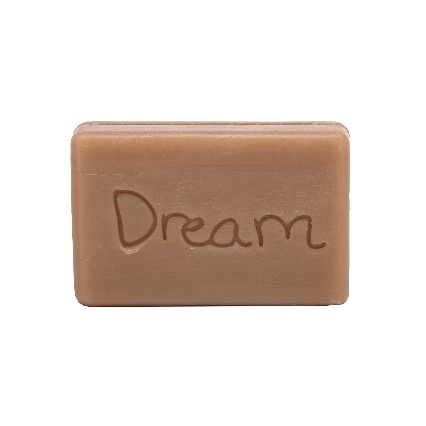 Bar of soap with 'Dream' engraved on a white background