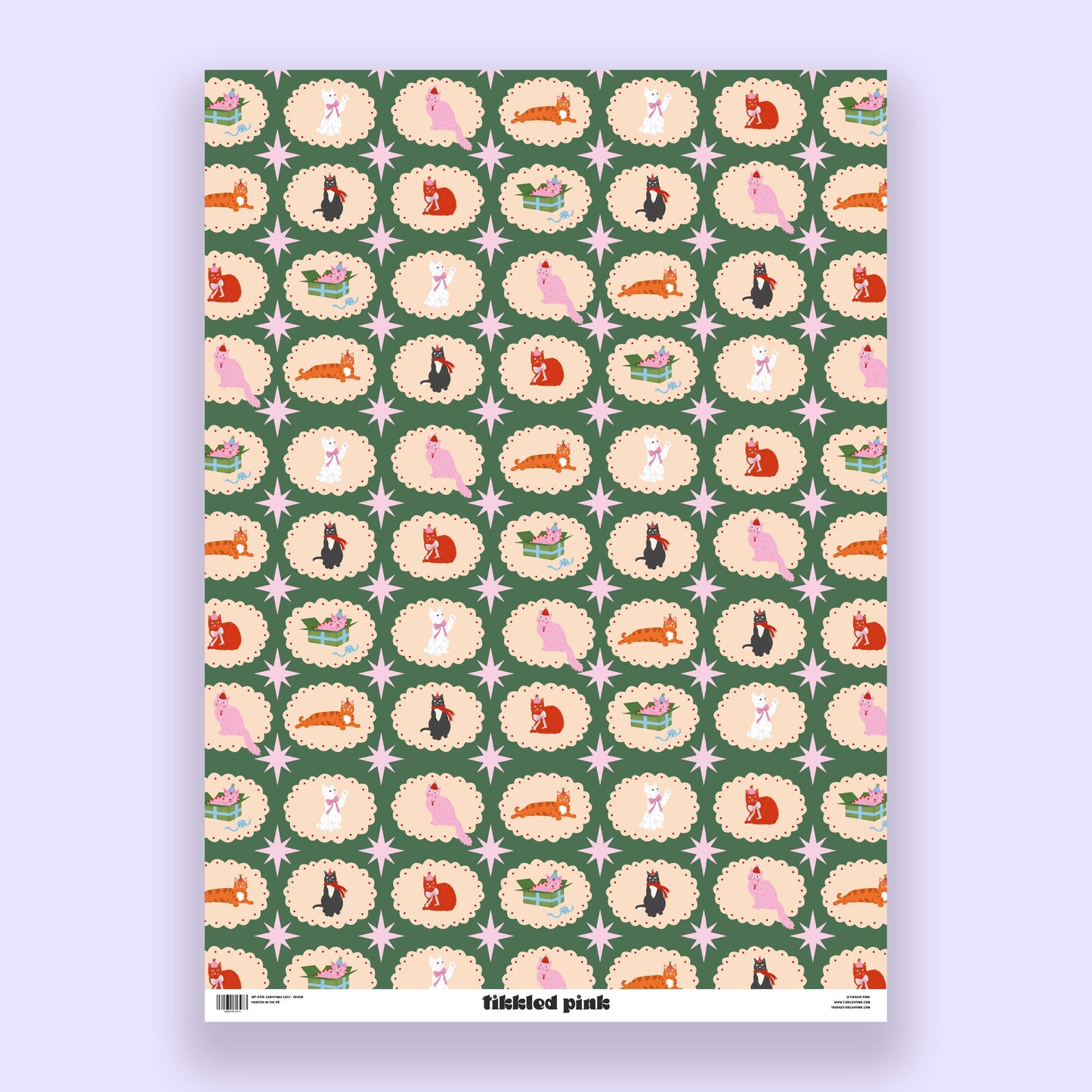 Vintage Style Christmas Wrapping paper with an assortment of cats in Christmas Hearts - Green background.