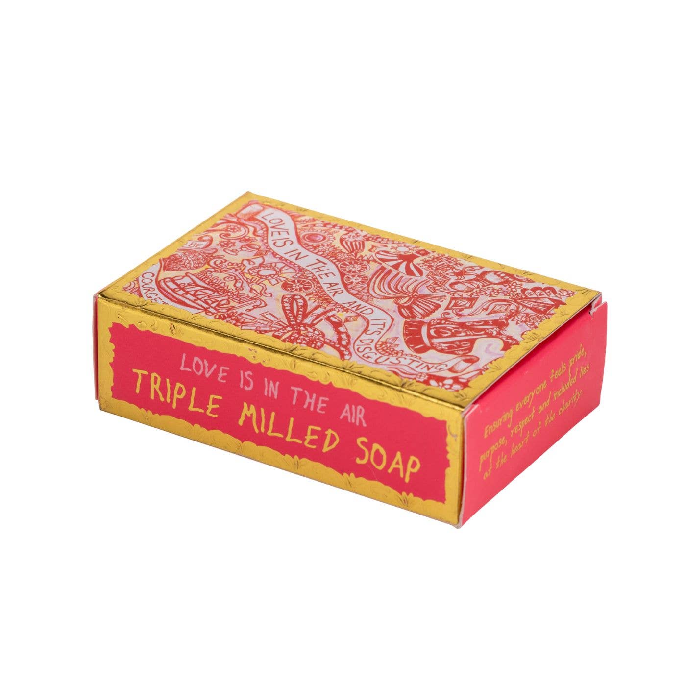 Box of triple milled soap with decorative design and text on a white background