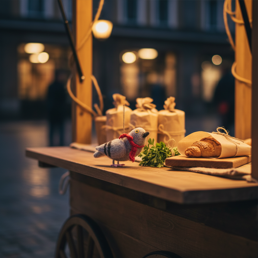 Wooden cart with bread and a decorative bird on a blurred street background