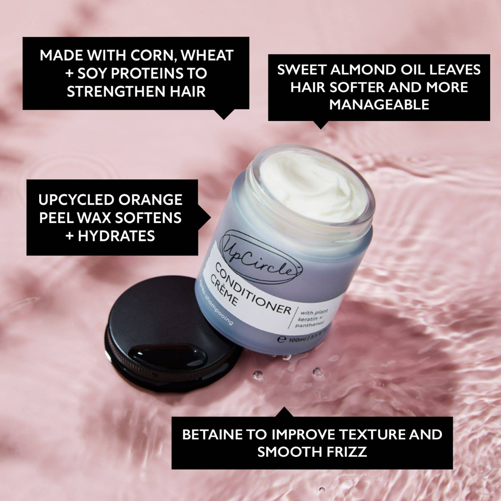 Upcircle conditioner crème with text on a pink background