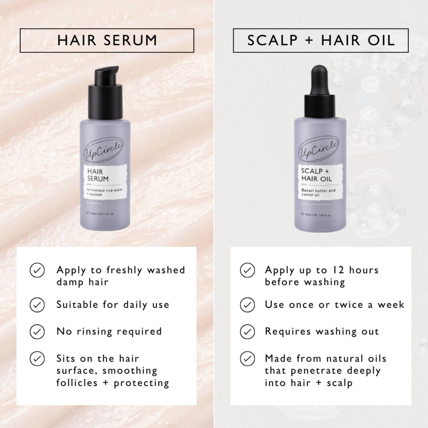 Two bottles of hair care products with application instructions on a textured background