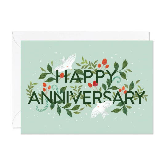 Happy Anniversary Card.  2 white doves and foliage illustration.