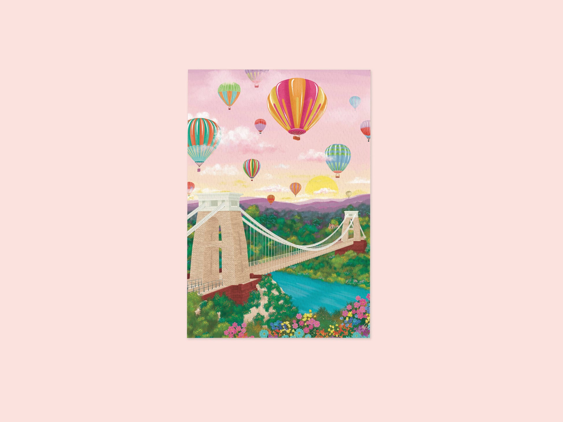Illustration of a suspension bridge with colorful hot air balloons in the sky on a pink background