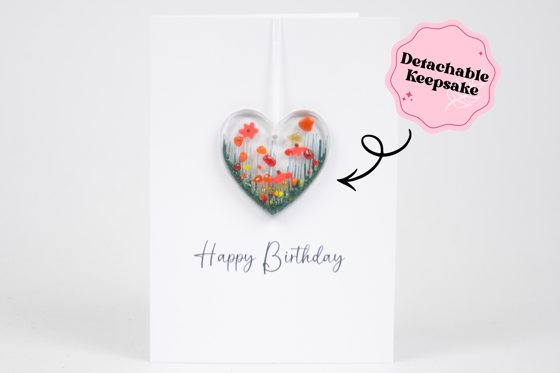 Heart-shaped detachable keepsake with floral design on a white card with 'Happy Birthday' text.