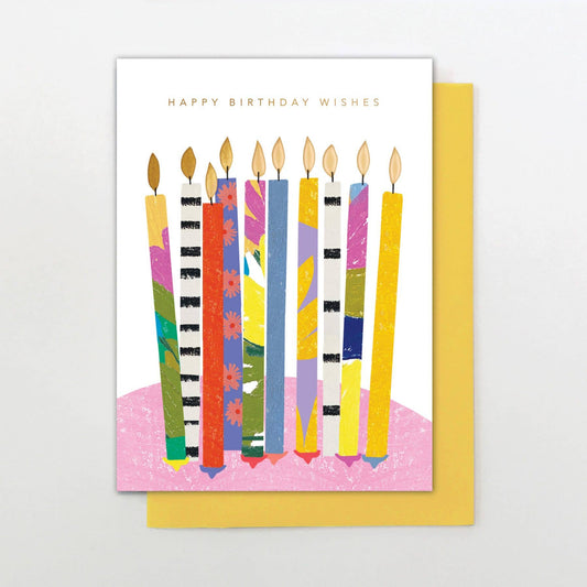 Birthday card with colorful candles and 'Happy Birthday Wishes' text on a white background.