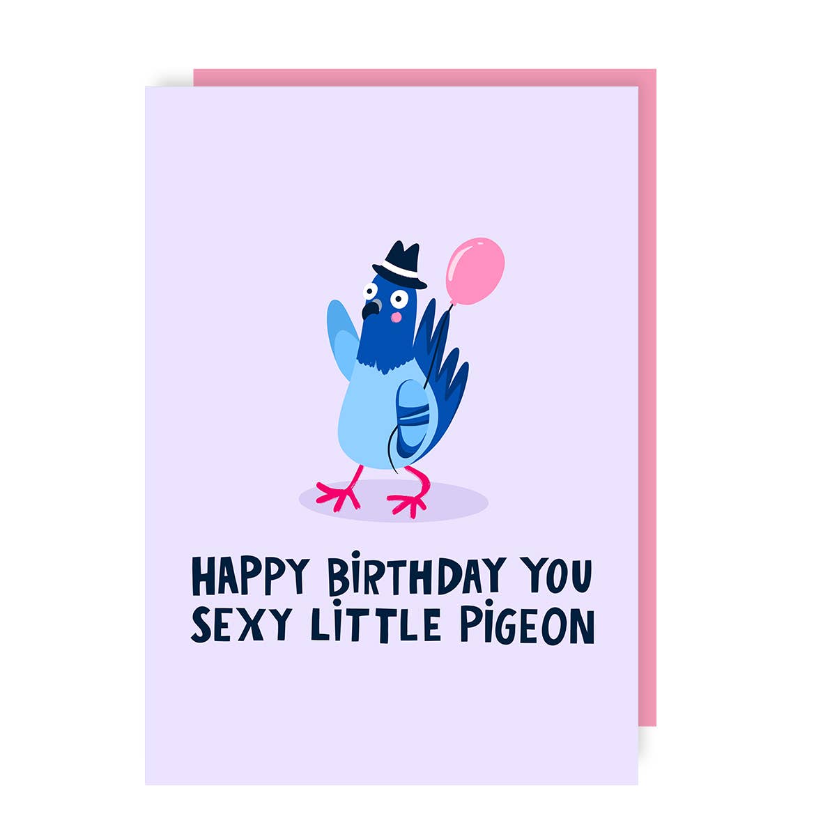 Birthday card with a blue pigeon illustration and text on a light purple background