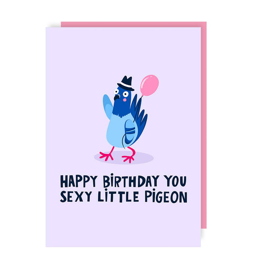 Birthday card with a blue pigeon illustration and text on a light purple background