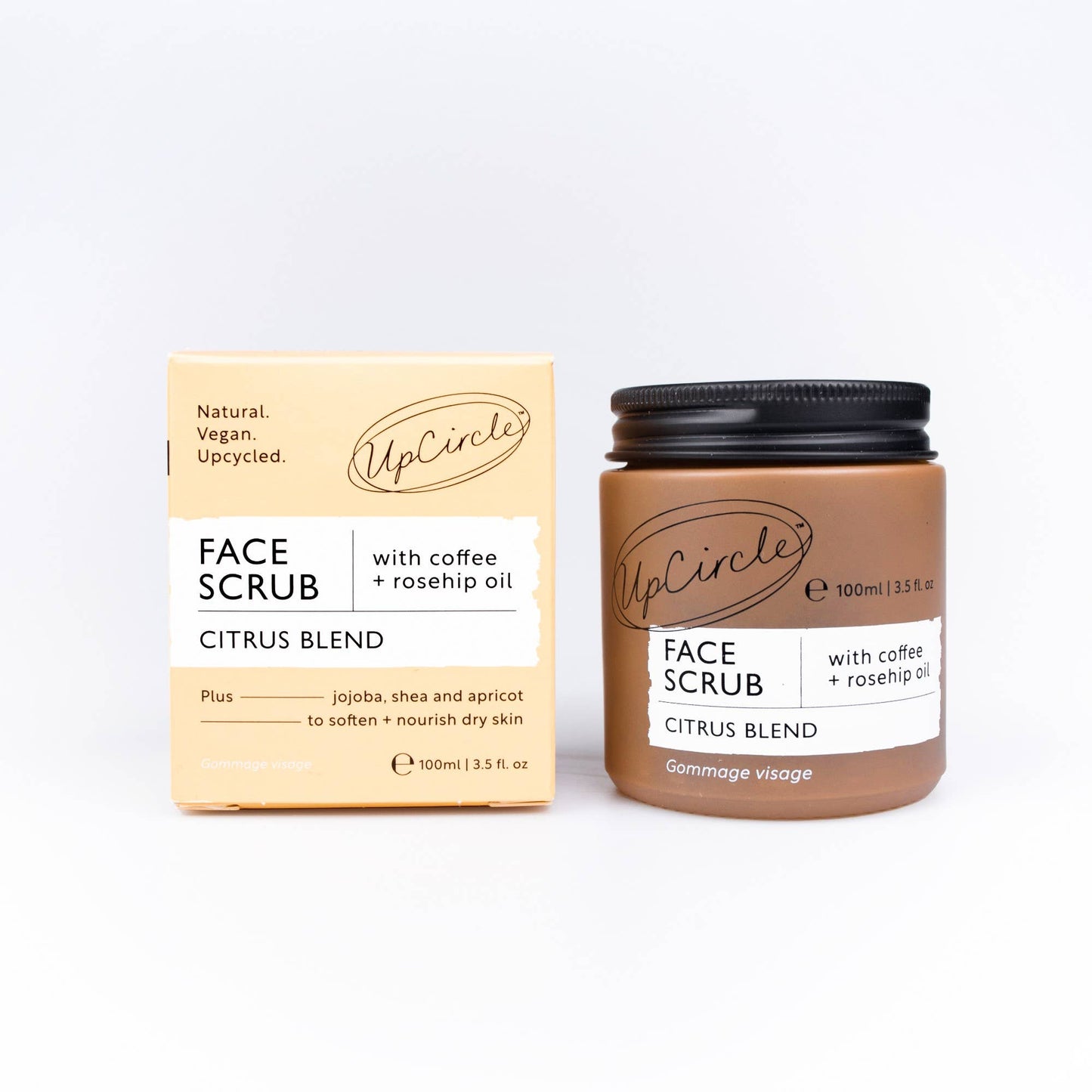 A citrus-blend face scrub with coffee and rosehip oil.
