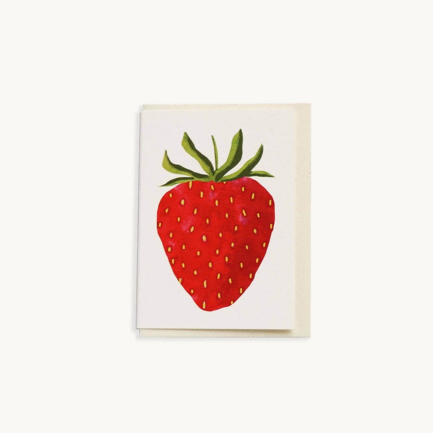 Card with a red strawberry illustration on a white background