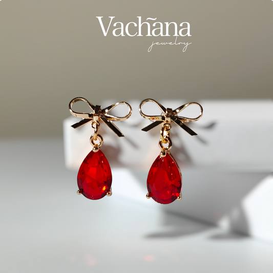 Red Cubic Zirconia Teardrop Bow Earrings