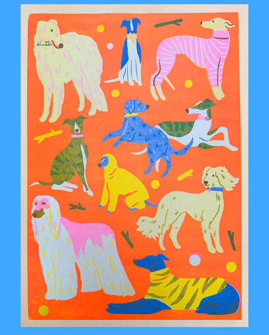 Colorful pattern of stylized dogs on a blue background