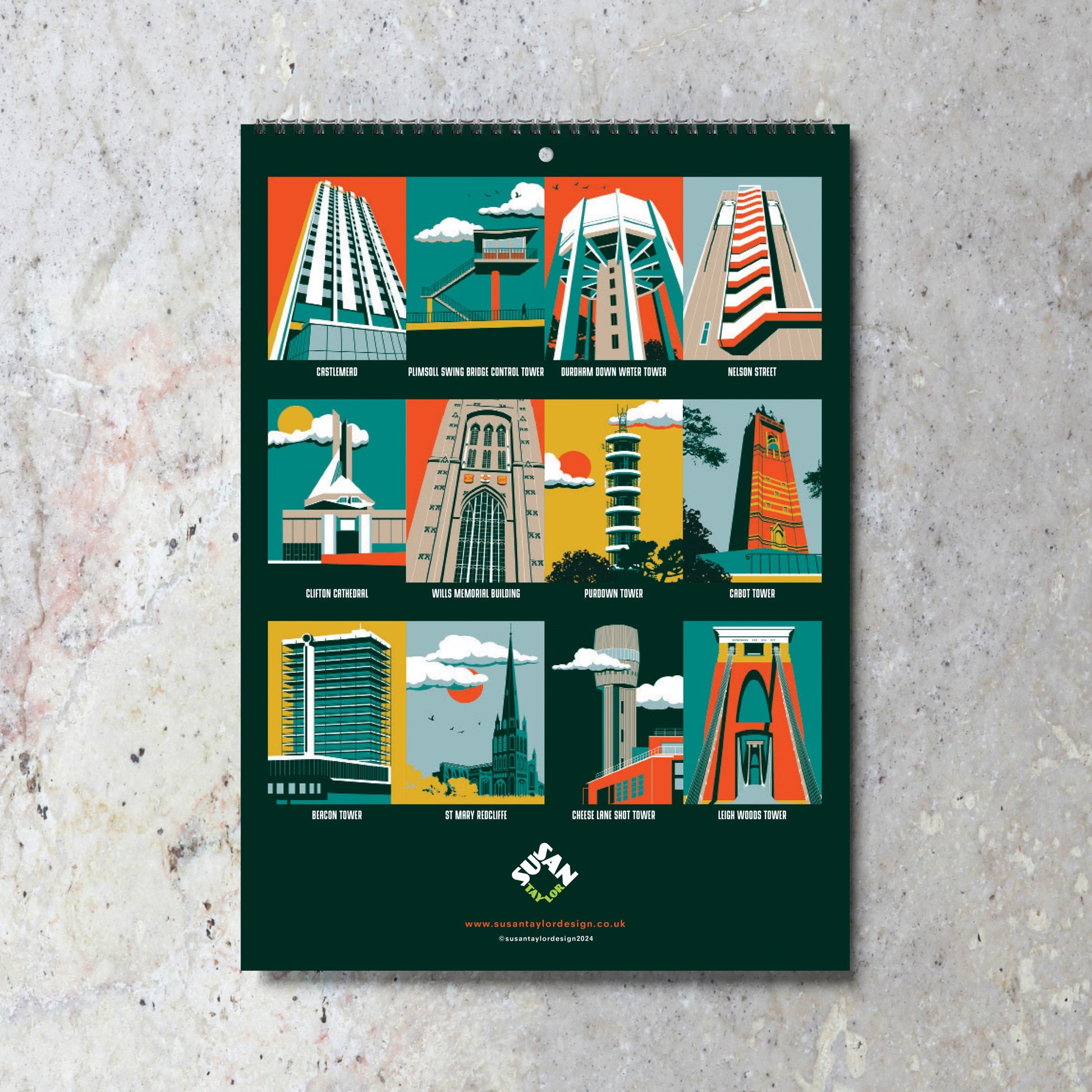 025 Calendar.  Susan Taylor Designs. Graphic illustrations of Bristol Towers