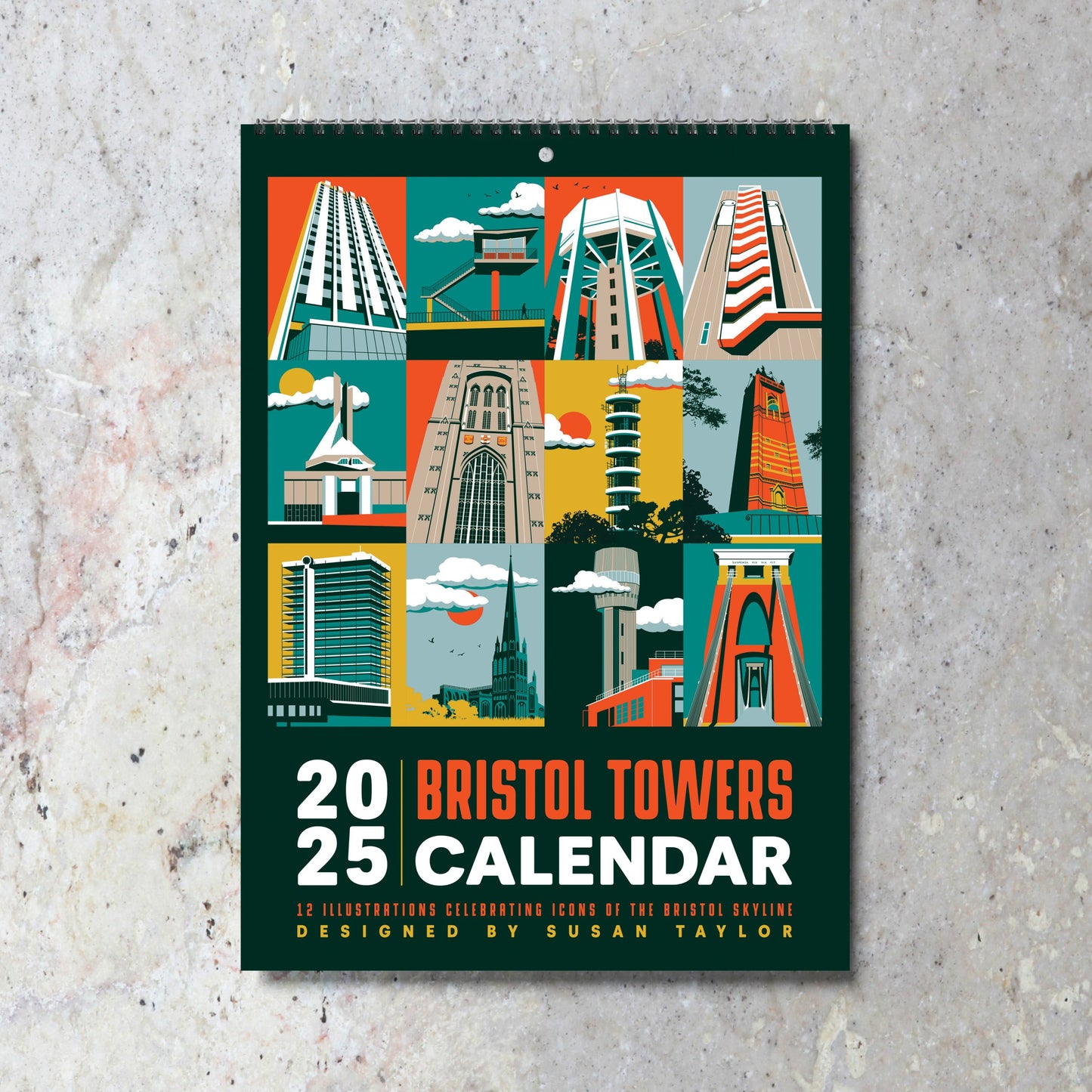 2025 Calendar.  Susan Taylor Designs. Graphic illustrations of Bristol Towers