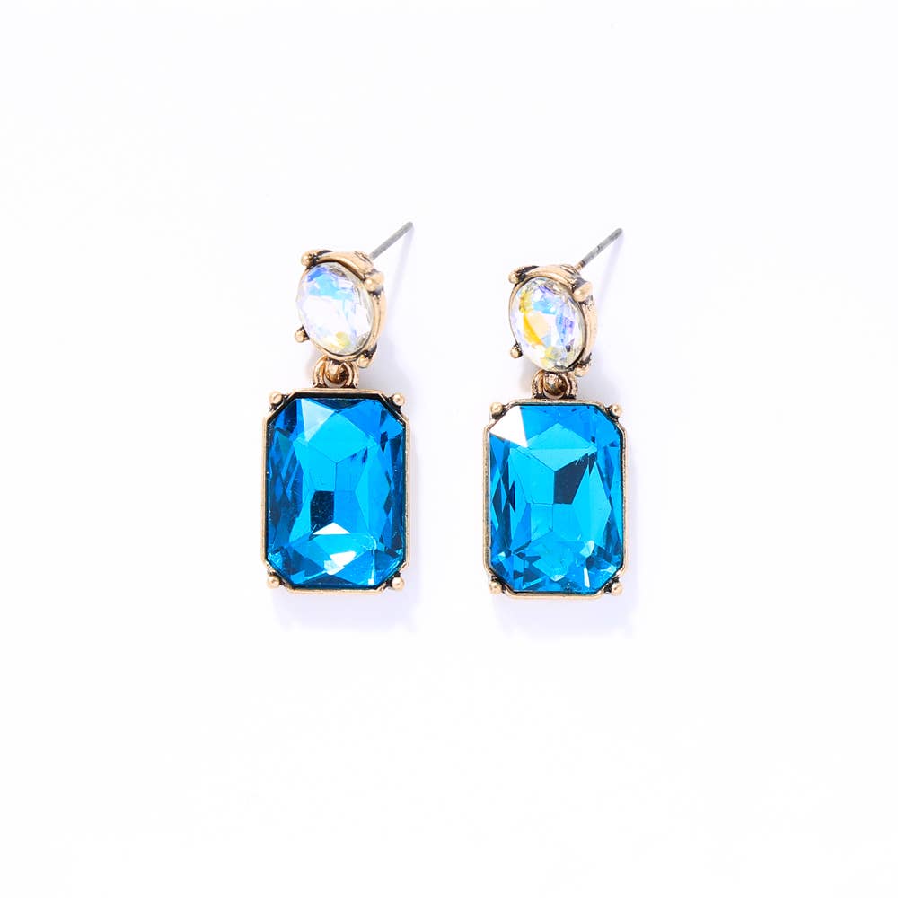 Pair of earrings with blue gemstones on a white background