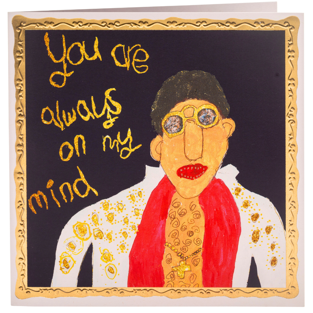 Card with a stylized illustration of a person wearing sunglasses and a red scarf, with text 'You are always on my mind' on a black background.