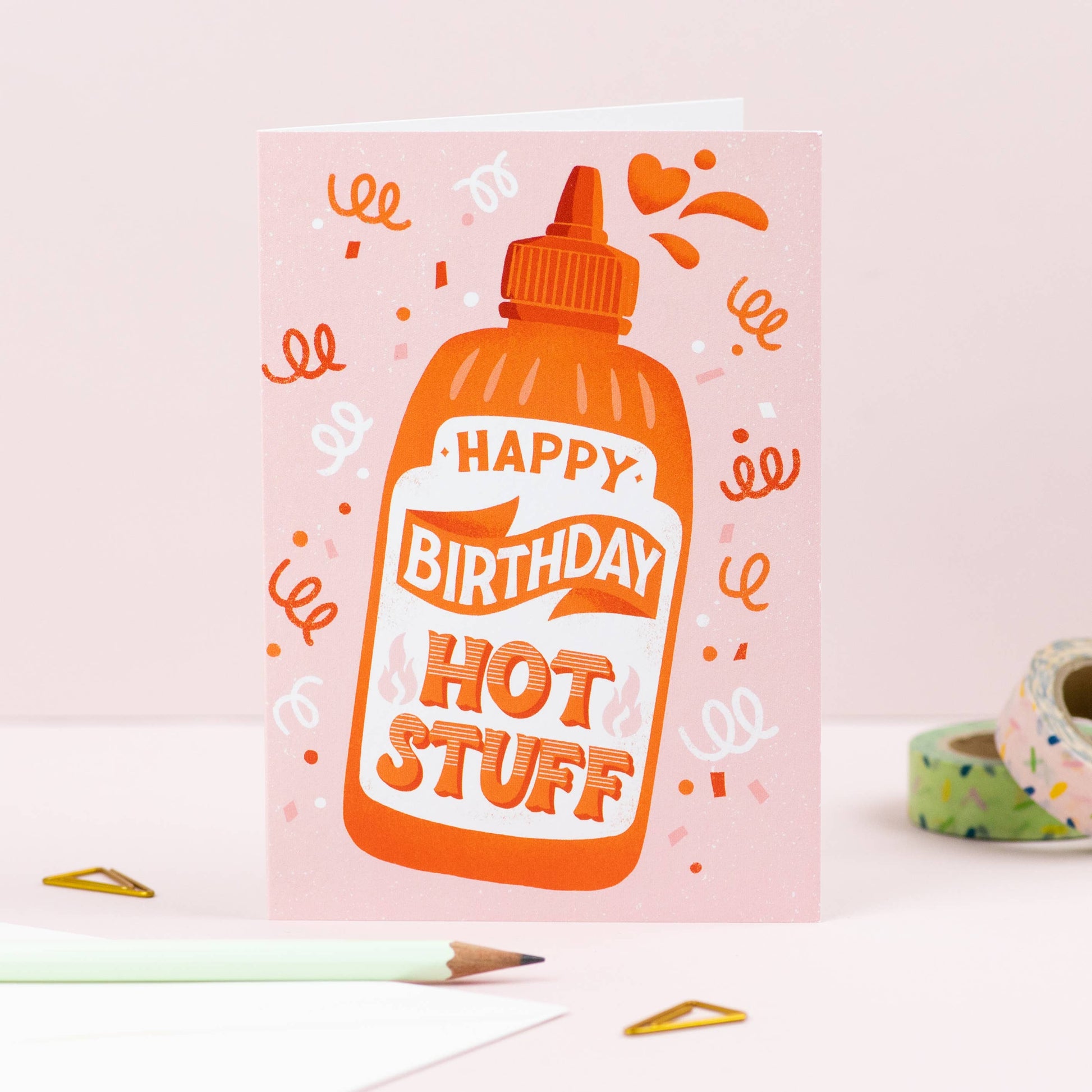 Birthday Card.  Happy Birthday Hot Stuff. Illustration of a chilli sauce bottle.