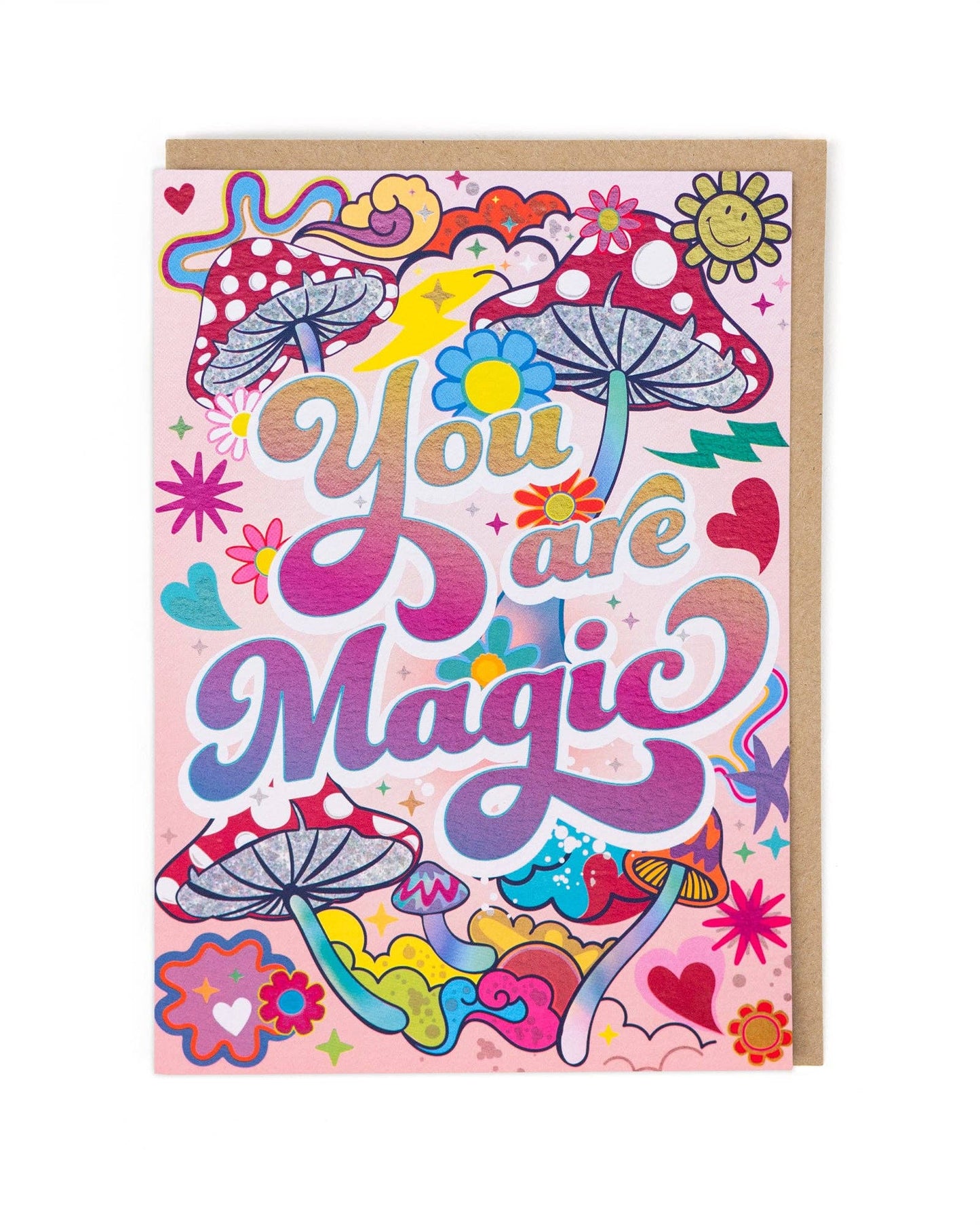 Colorful greeting card with 'You are Magic' text and various illustrations on a pink background.