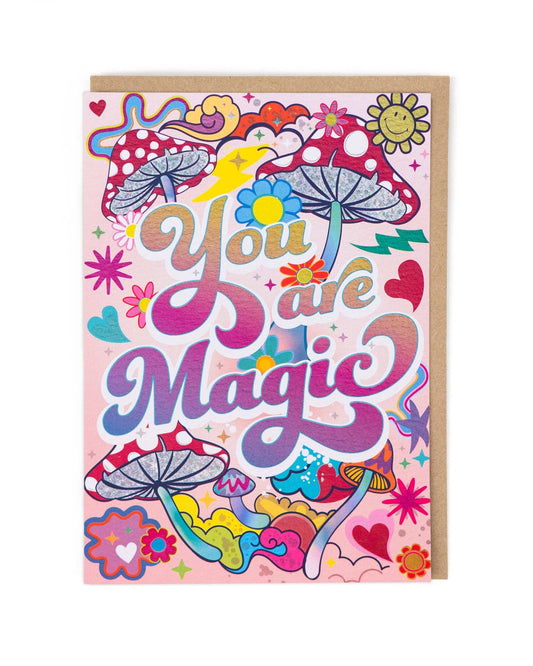 Colorful greeting card with 'You are Magic' text and various illustrations on a pink background.