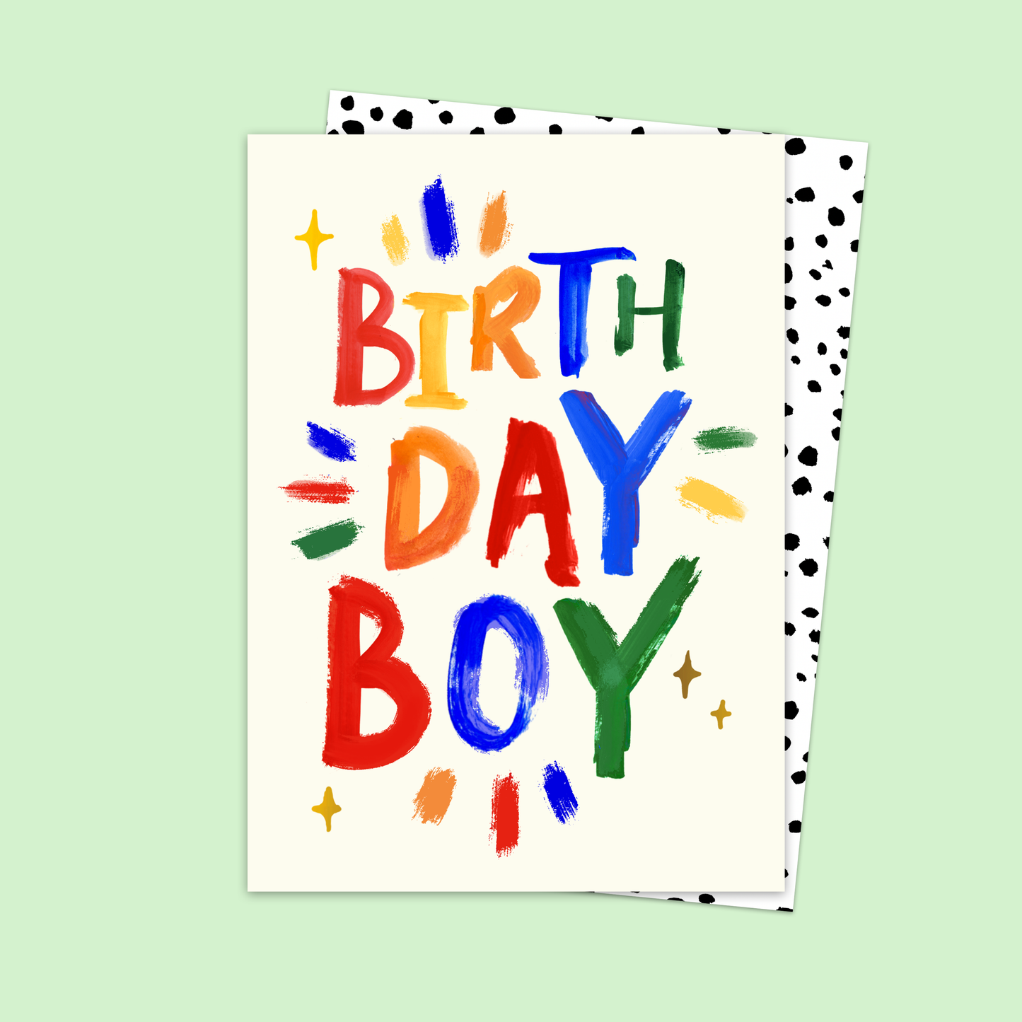 Colorful 'Birthday Boy' card on a light green background