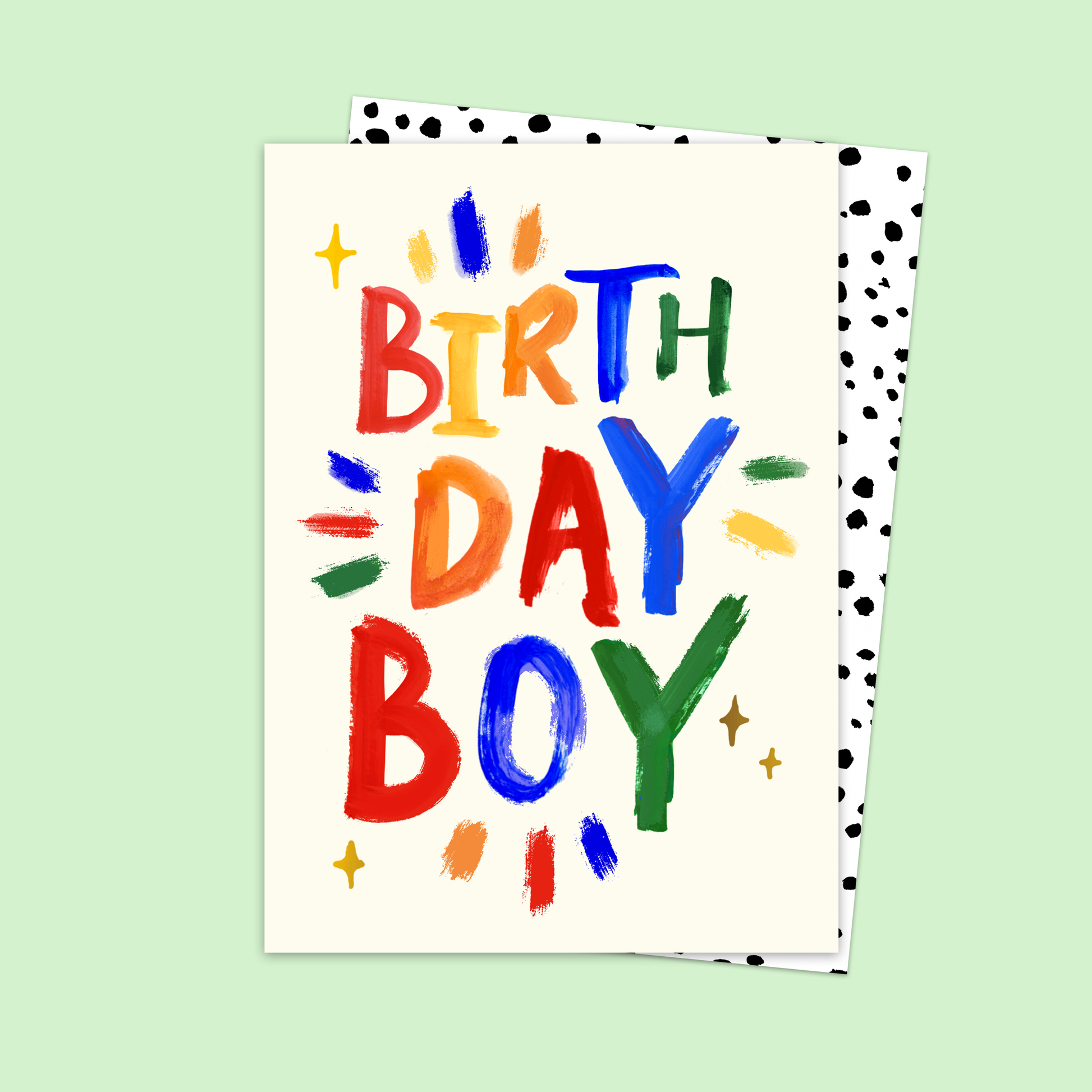 Colorful 'Birthday Boy' card on a light green background