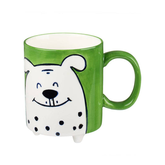 Green mug with a white dog design on a white background