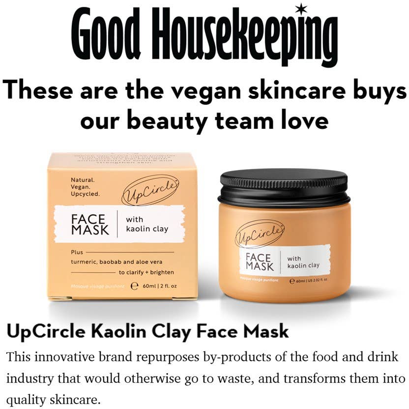 UpCircle Kaolin Clay Face Mask packaging with text about vegan skincare on a Good Housekeeping background.