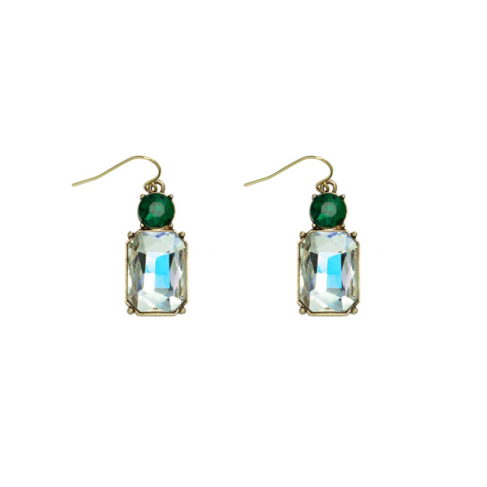 Pair of earrings with green gemstones and gold accents on a white background