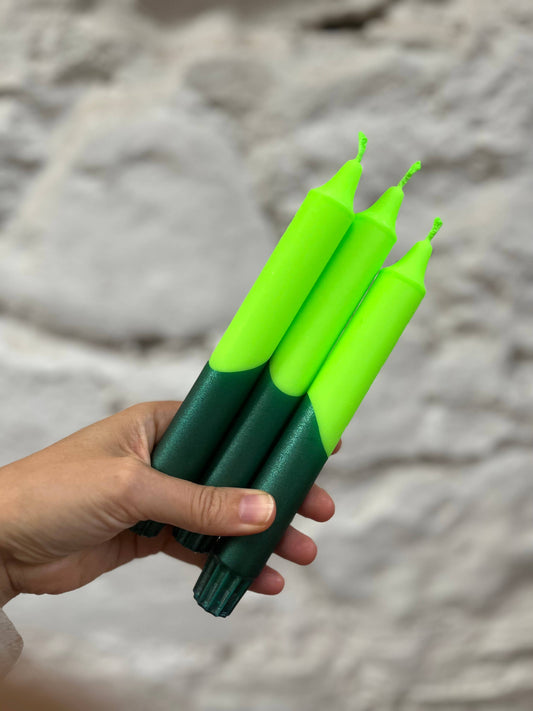 Neon green with dark green metallic dip Dinner Candle