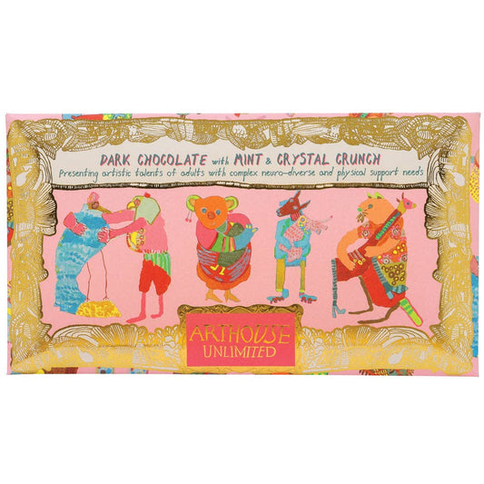 Box of dark chocolate with mint and crystal crunch featuring colorful illustrations on a white background.