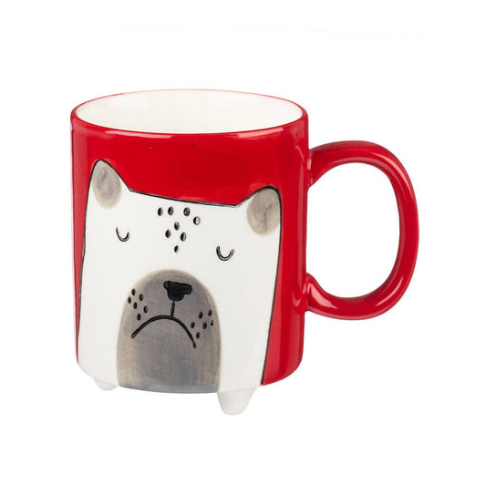 Red mug with a dog face design on a white background