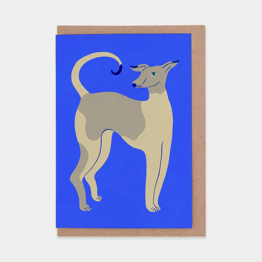 Greeting card with a stylized whippet dog illustration on a blue background