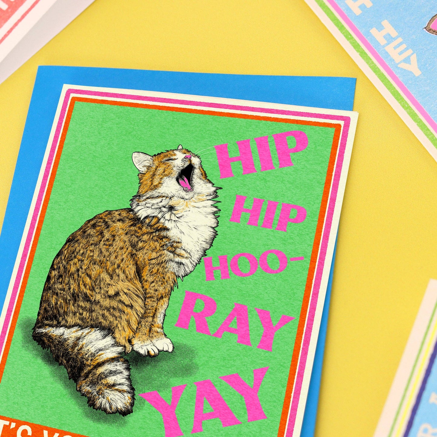 Illustration of a cat meowing with the words Hip hip hooray yay its your birthday.