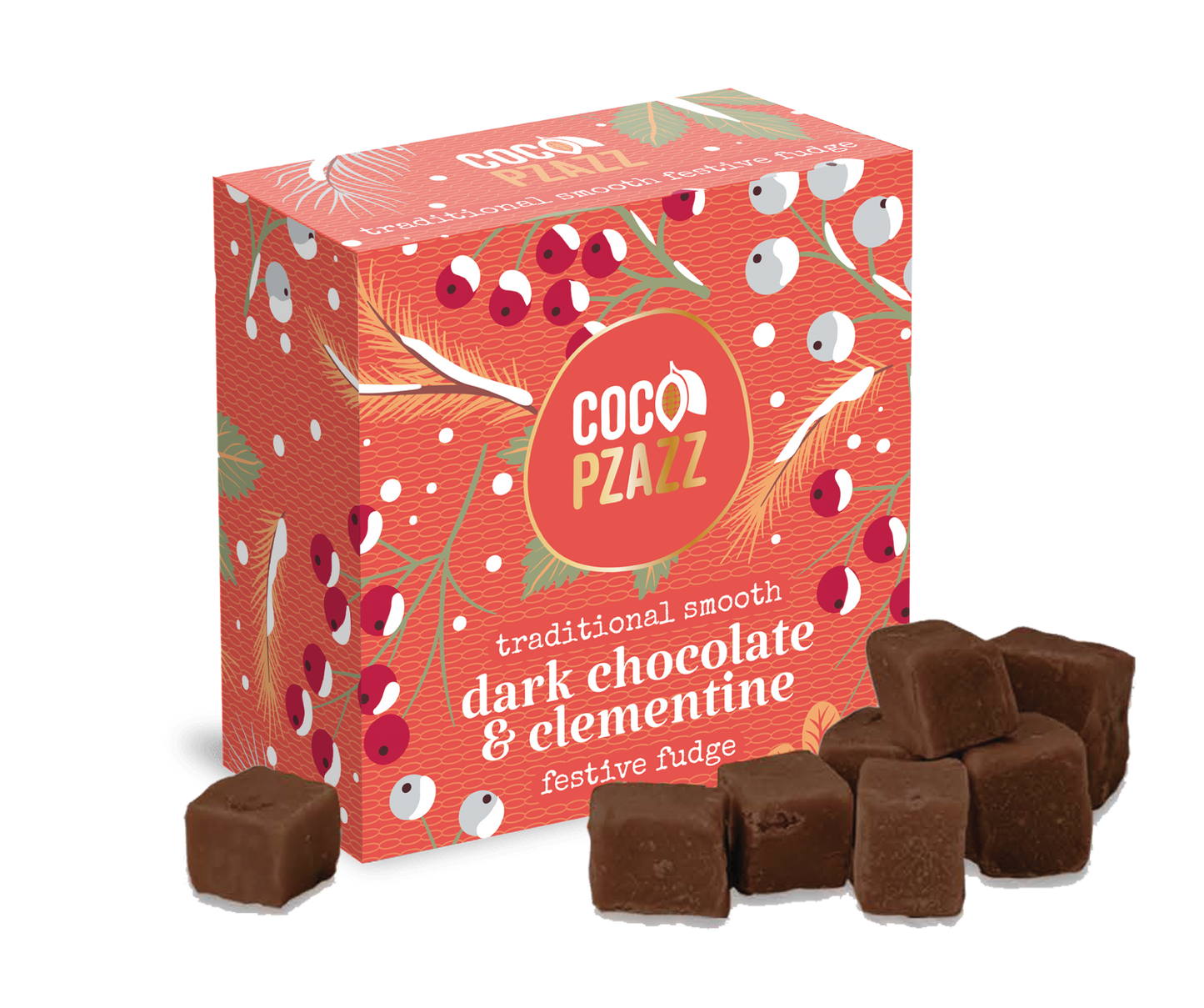 Box of Coco Pzazz dark chocolate and Clementine fudge with fudge pieces displayed in front.