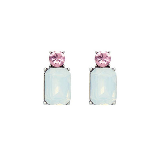 Pair of earrings with pink and opal gemstones on a white background