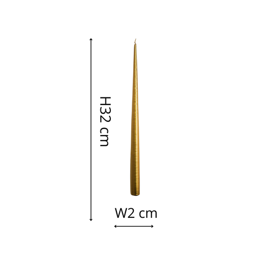 A single tapered gold candle shown on a white background with dimension labels indicating height 32 cm and width 2 cm.