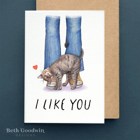 Card with a cat and text 'I LIKE YOU' on a blue background, featuring Beth Goodwin Designs.