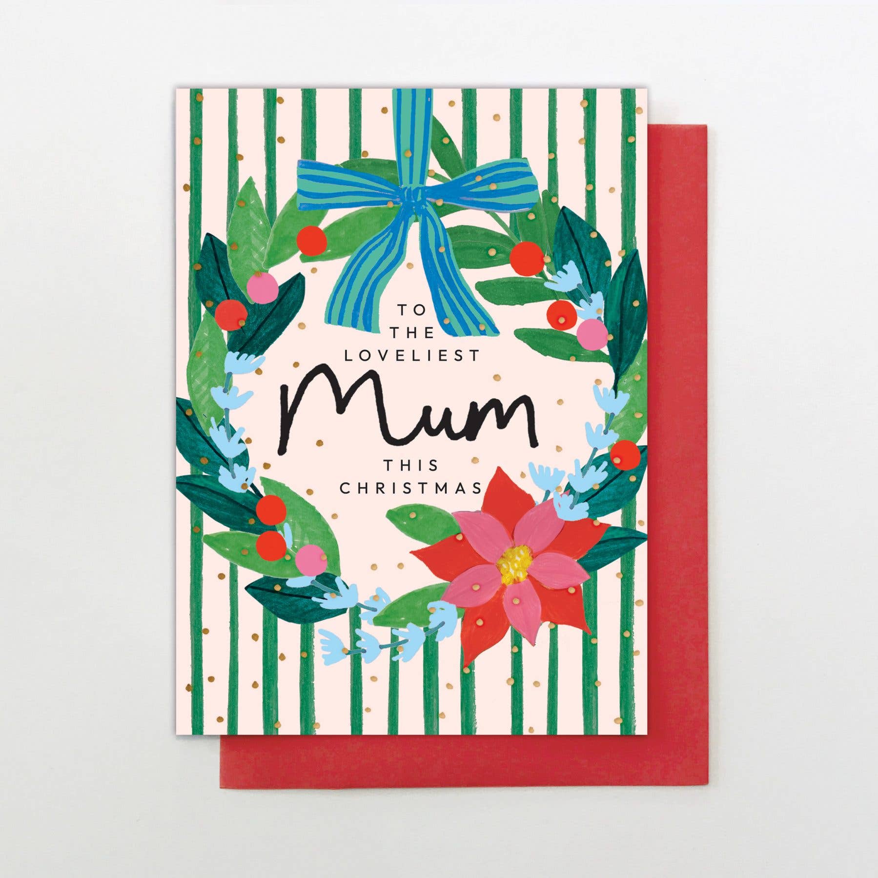 Greeting card with floral design and text 'To the loveliest Mum this Christmas' on a white background