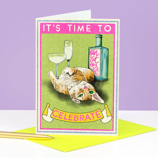 Greeting card with a sloth celebrating, text 'It's time to celebrate', and a bottle of tequila on a purple background.