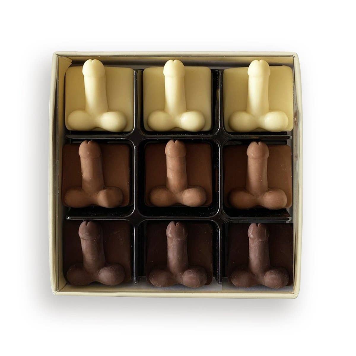 Box of chocolate-shaped candies resembling male genitalia on a white background
