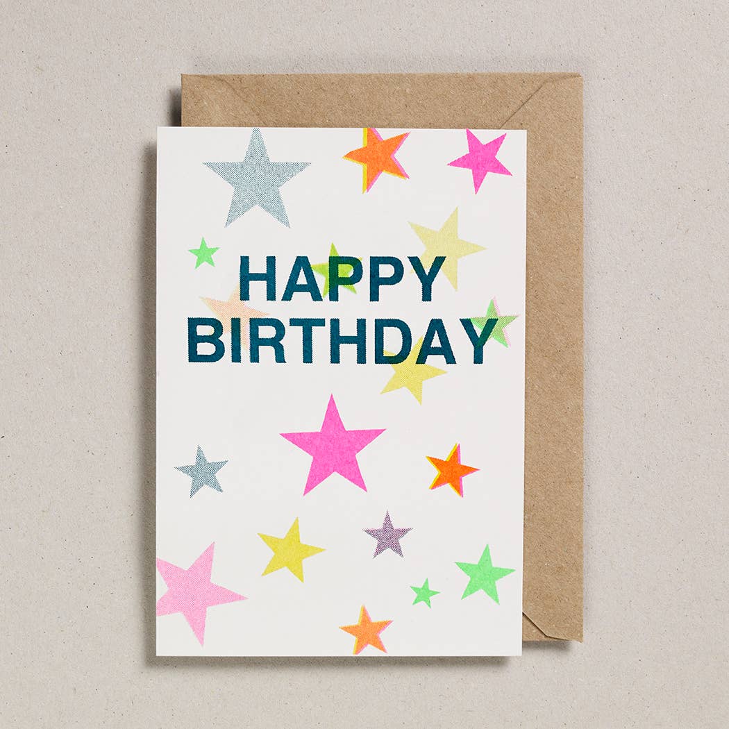 Riso graph printed card. Birthday Card. Colourful Stars.