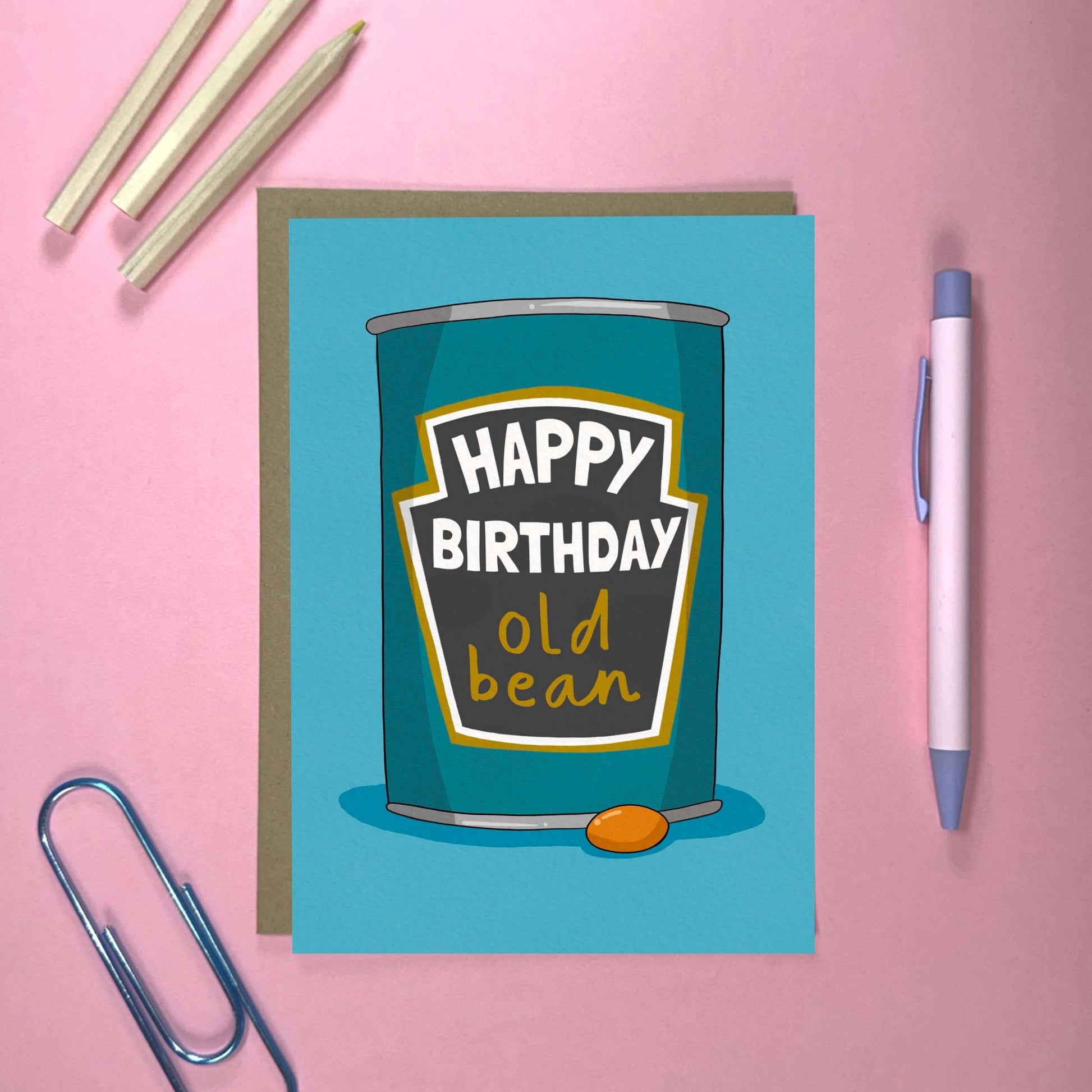 Happy Birthday Old Bean.  Birthday Card. Tin of Beans image.