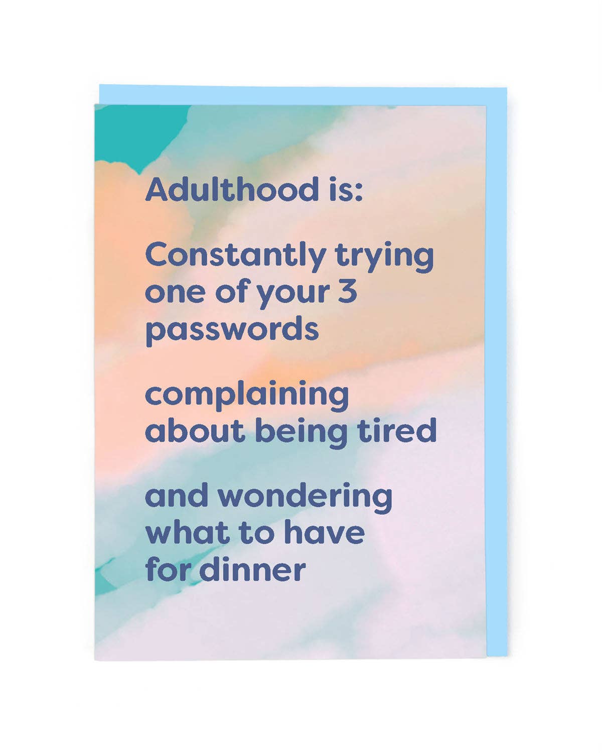 Card with humorous text about adulthood on a colorful abstract background