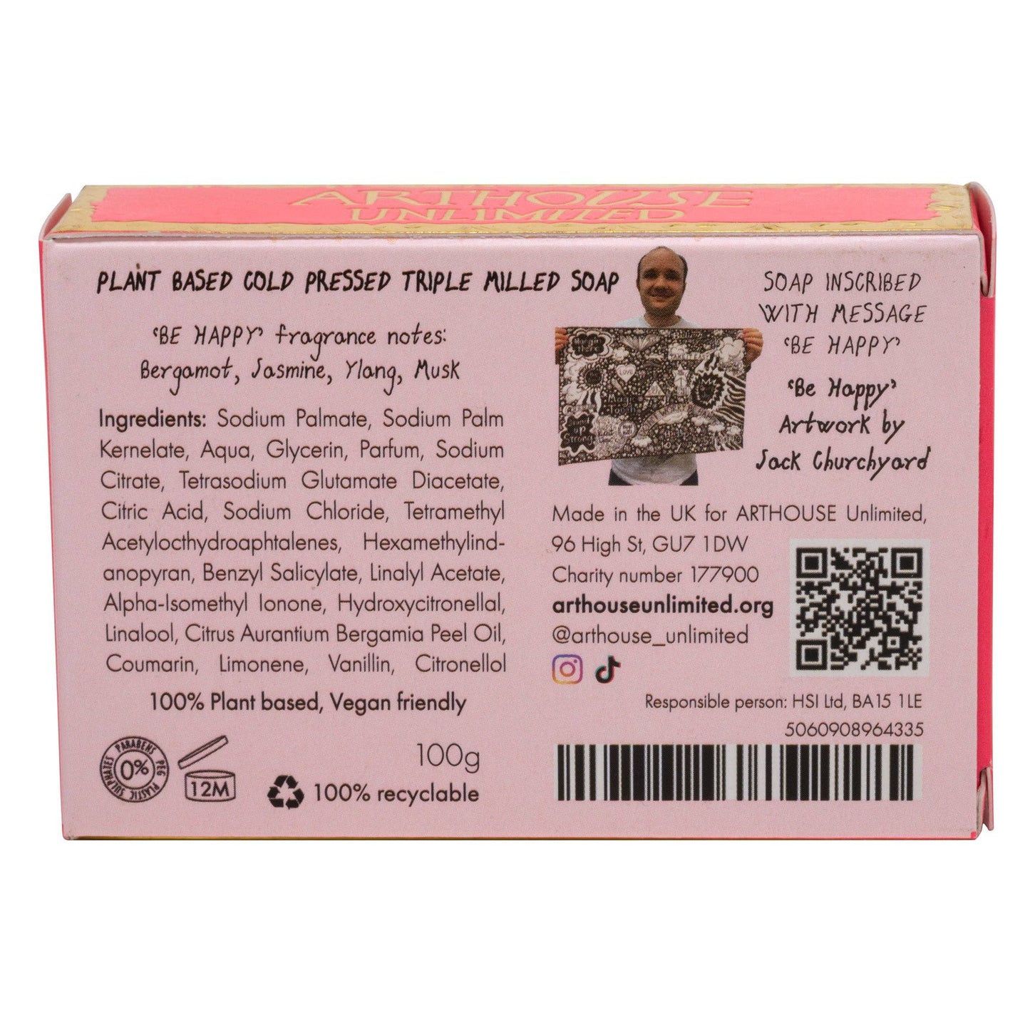 Back of a soap packaging with text, QR code, and branding details on a white background