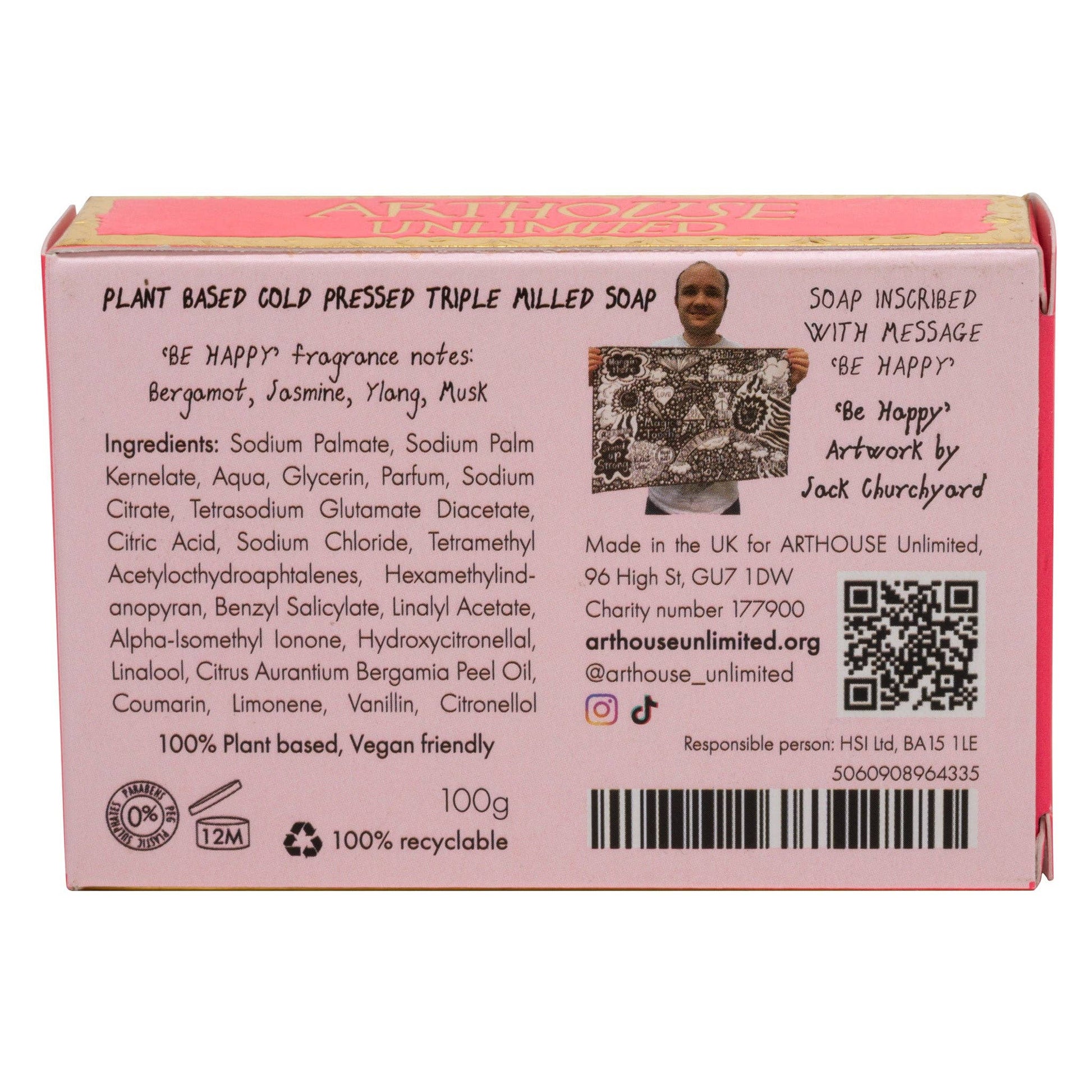 Back of a soap packaging with text, QR code, and branding details on a white background