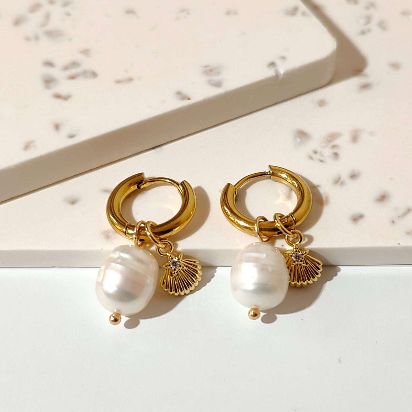 Chucky Pearl & Golden Scallop Hoop Earrings